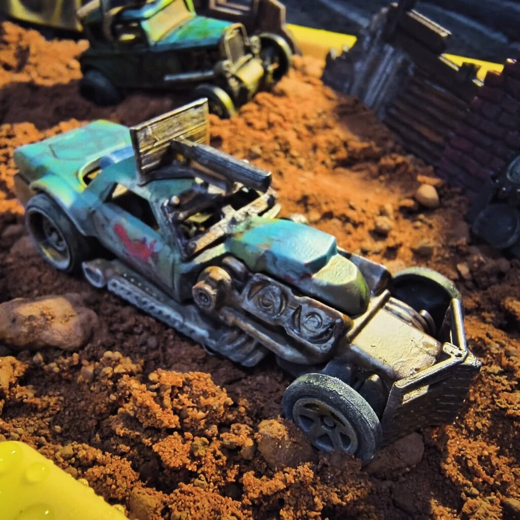 #gaslands car (one of my first) with bits added. Gotta admit, turning Hot Wheels into wasteland game pieces is addictive. #tabletopgames